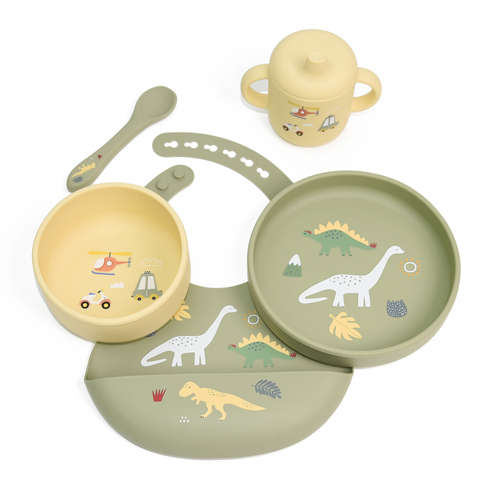 piips | Spisesett i 100% Silikon, Startpakke | Dinosaurer & Kjøretøy